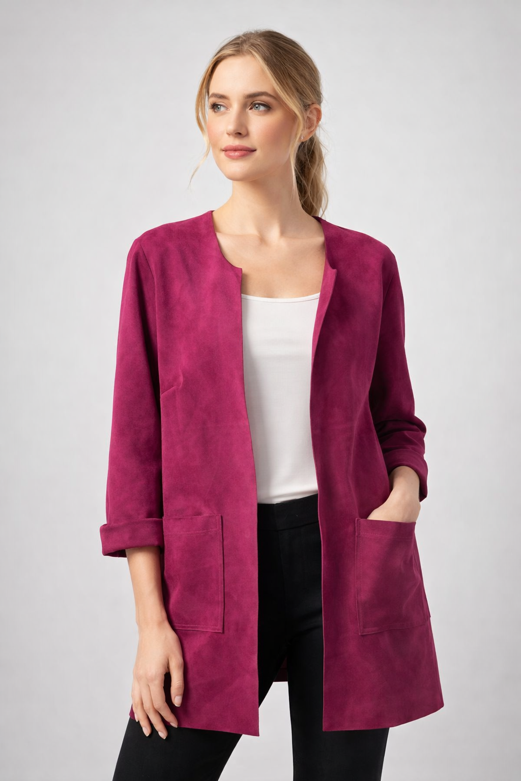 Veste fluide effet suédine – Coloris framboise