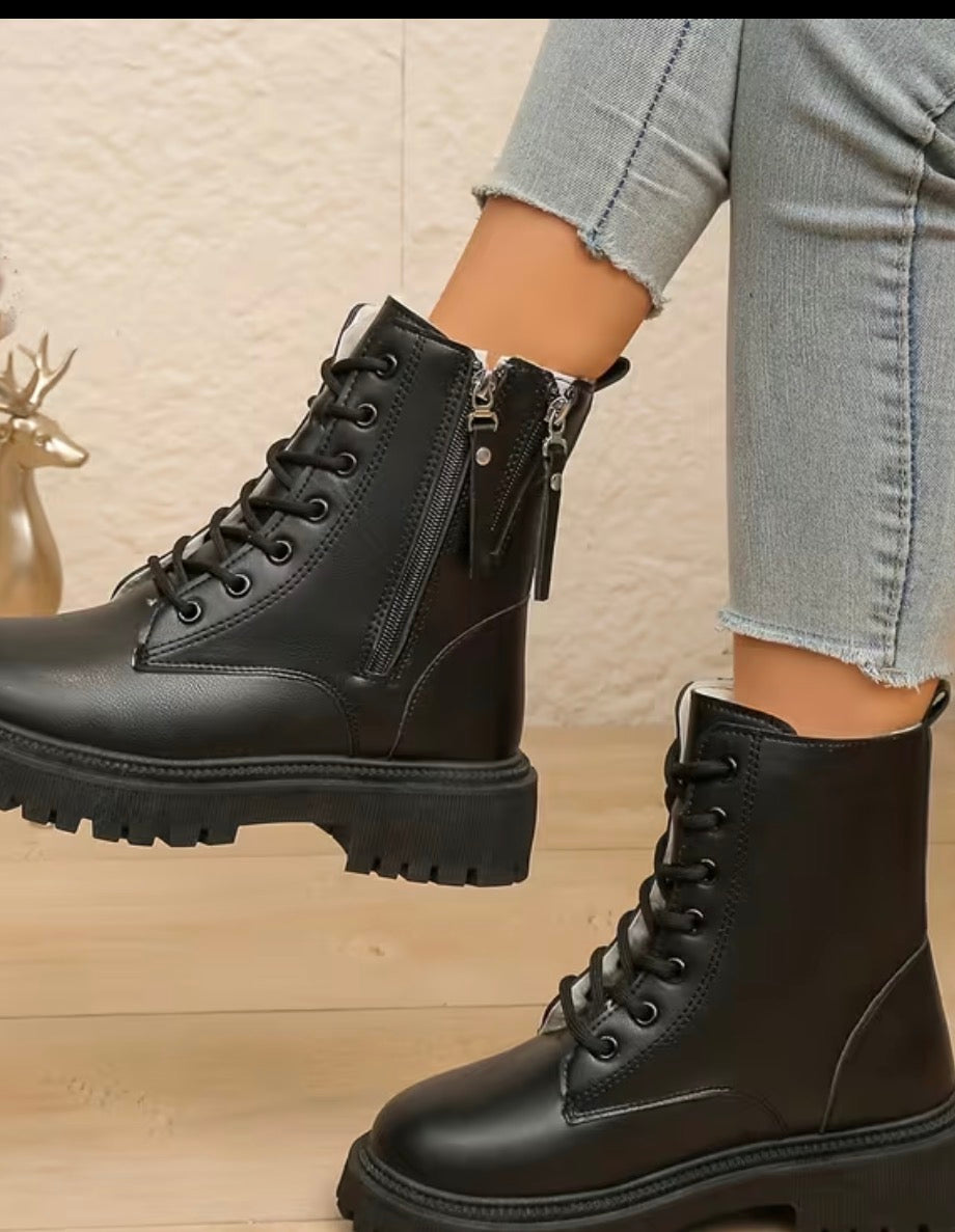 🖤 Bottines montantes fourrées à lacets & zip